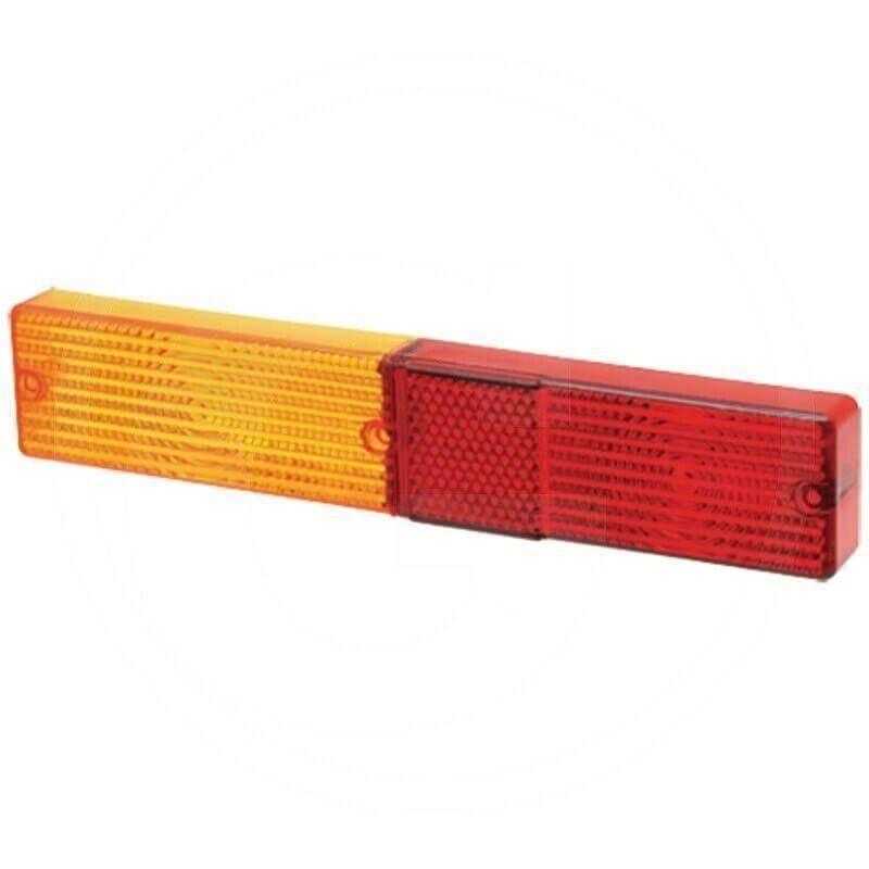 Rectangular amber and red plastic tractor tail light lens for agricultural vehicles