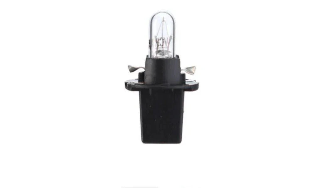 Small dashboard bulb with black plastic base and clear glass top, tractor part on white background