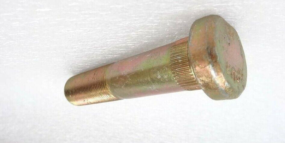 Close-up of a metal wheel bolt for tractor, threaded end, hexagonal head, white background