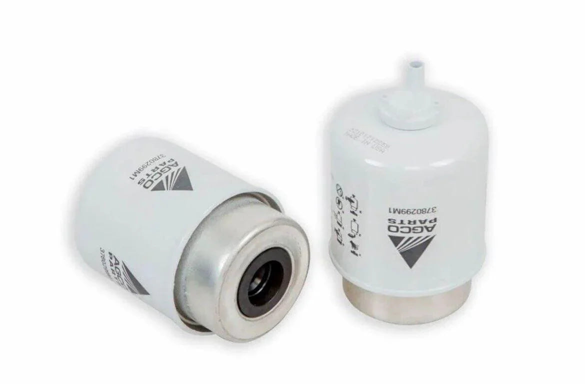 Pair of AGCO tractor fuel prefilter filters, cylindrical with metal base, white body