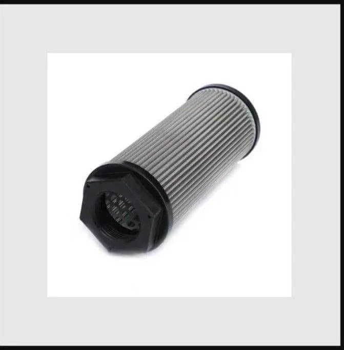 Metal tractor hydraulic strainer filter with black plastic end caps on white background