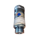 Hydraulic filter for tractor, metal cylinder with threaded end and label, white background