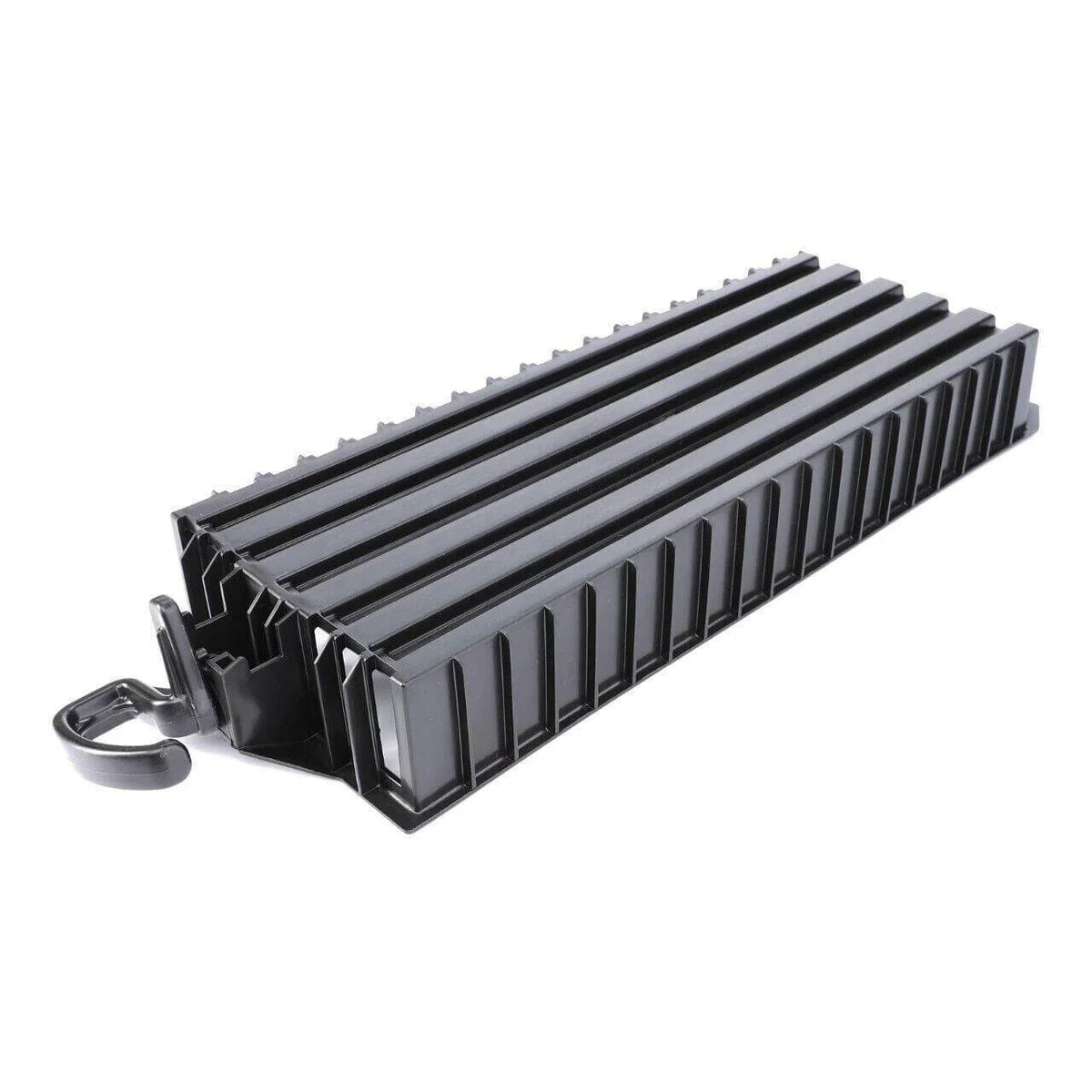 Black plastic tractor filter box with ribbed exterior and latch, compatible with Massey Ferguson