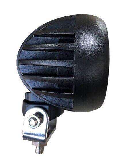 Black tractor worklight with metal mounting bracket, side view, for agricultural machinery