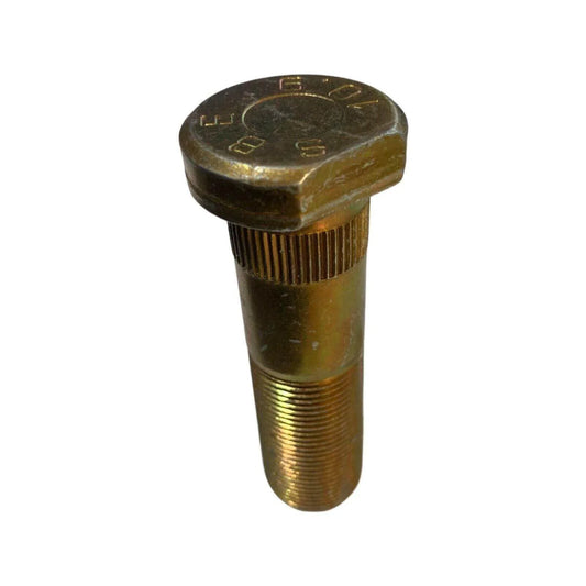 Metal tractor stud bolt with textured threading on white background