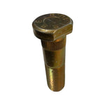 Metal tractor stud bolt with textured threading on white background