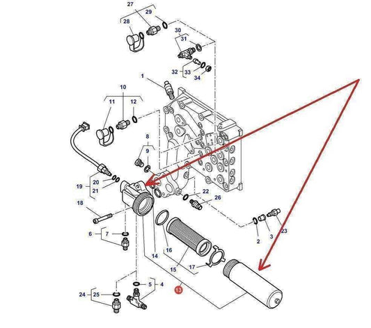 Exploded diagram of tractor filter housing assembly, showing parts and component placement.