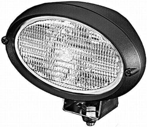 Oval tractor work lamp with clear lens and black housing, mounting bracket visible