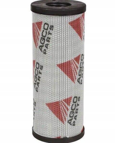 Cylinder-shaped tractor hydraulic filter with AGCO PARTS logo, white and red, black ends