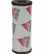 Cylinder-shaped tractor hydraulic filter with AGCO PARTS logo, white and red, black ends