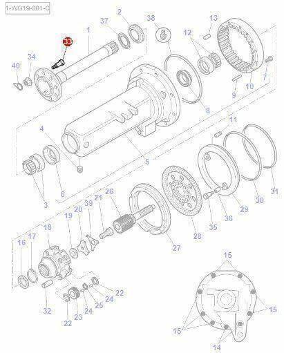 AGCO rear wheel stud diagram for tractor models, exploded view of axle and components
