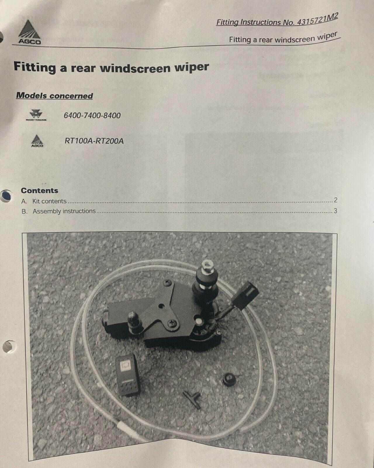 Rear windscreen wiper kit with installation guide for Massey Ferguson 6400 7400 tractor