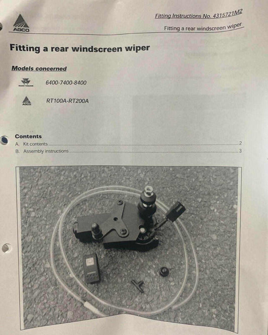 Rear windscreen wiper kit with installation guide for Massey Ferguson 6400 7400 tractor
