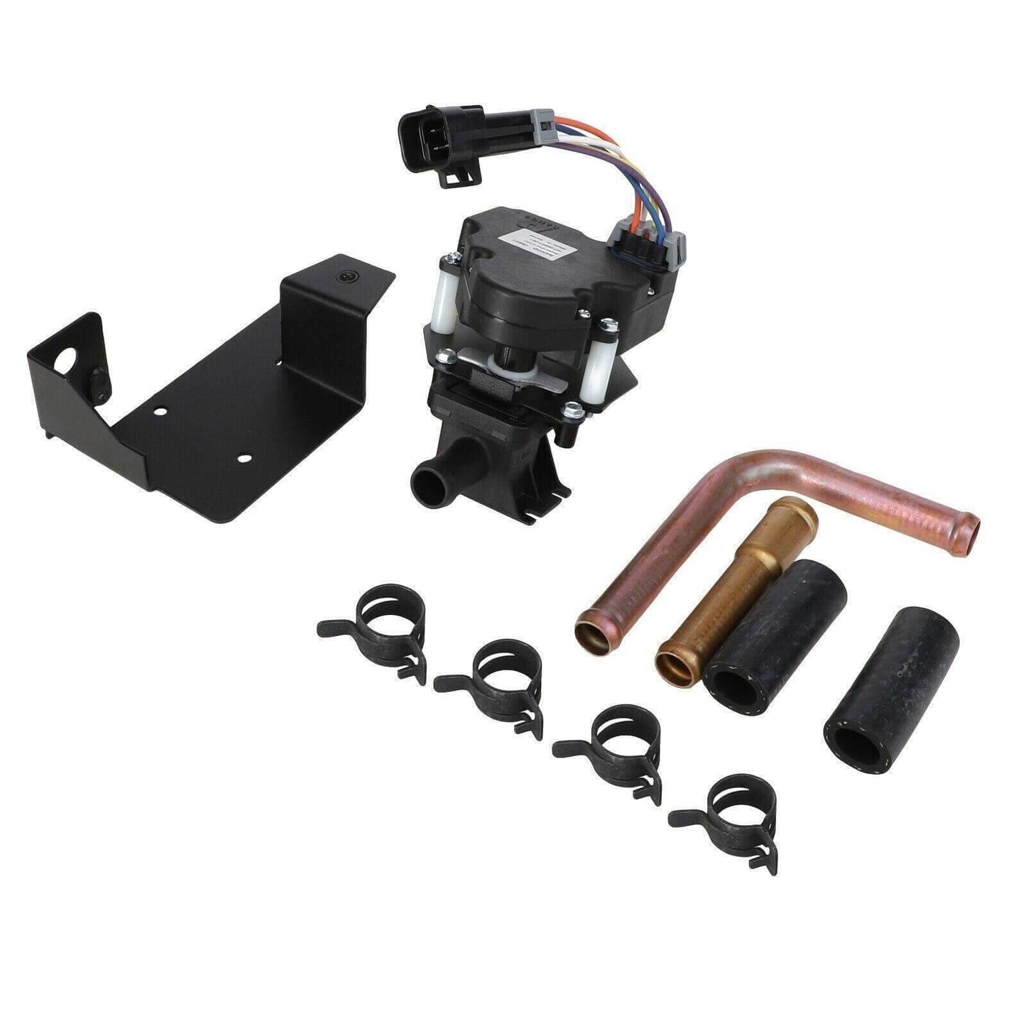 Tractor valve kit with metal bracket, connectors, hoses, and clamps for heavy machinery