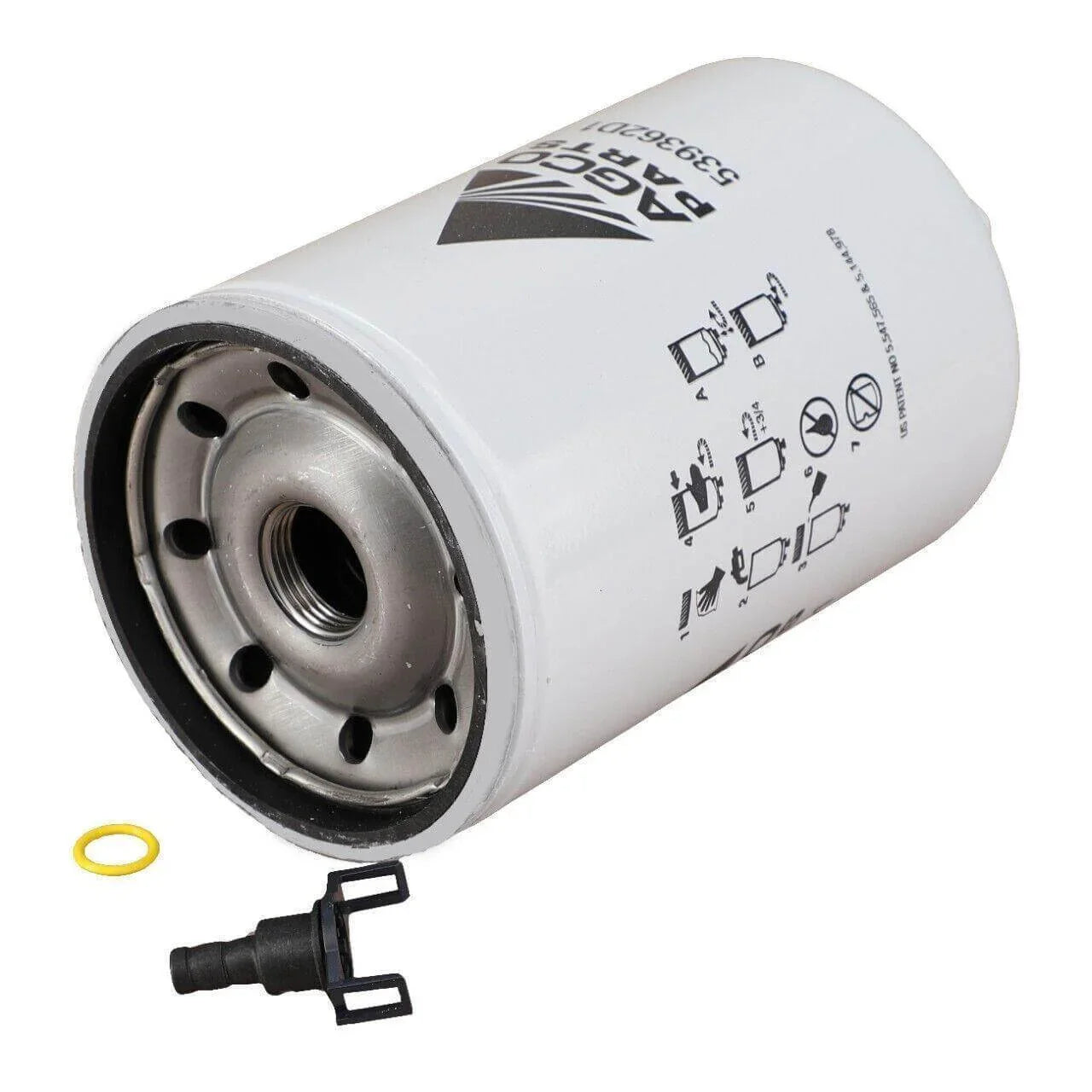 White metal tractor fuel filter with gasket and connector, suitable for Massey Ferguson and Fendt