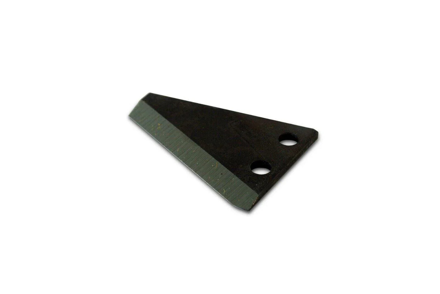 Metal baler twine knife blade with two mounting holes on a white background