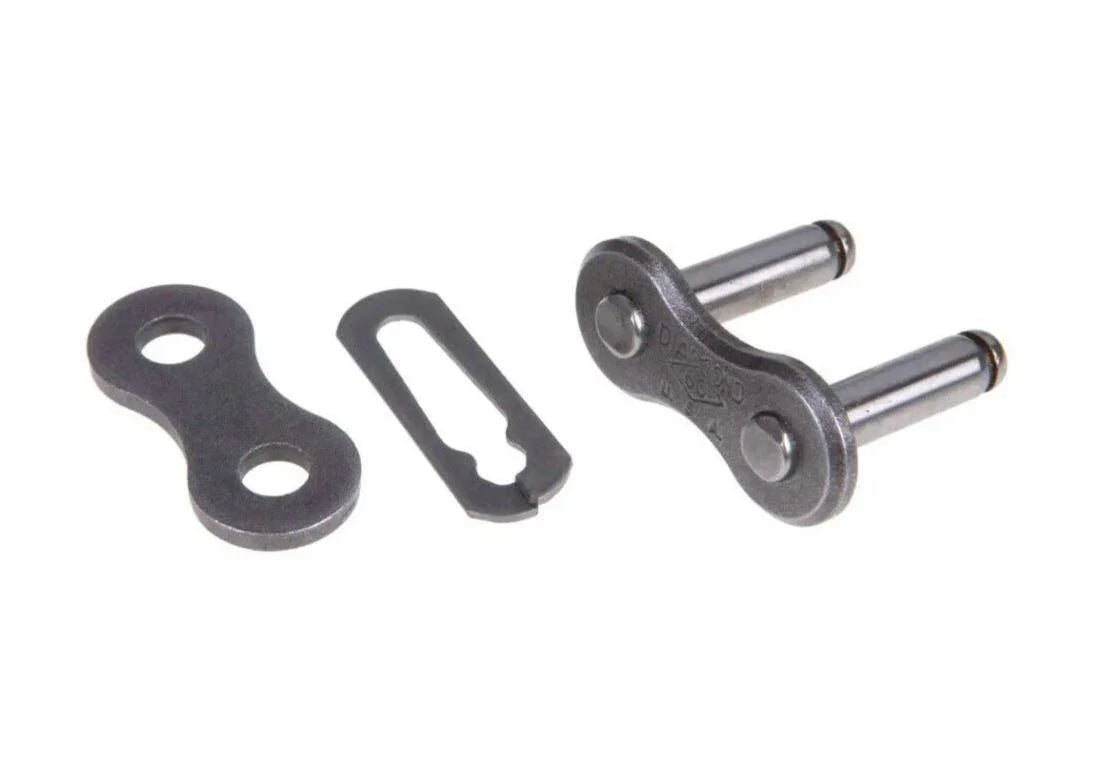 Steel master chain link for tractor machinery, shown disassembled on white background