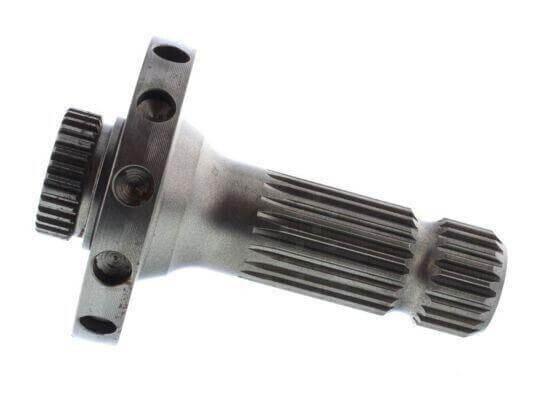 Metal power take-off shaft for tractor, splined with flange and bolt holes, on white background