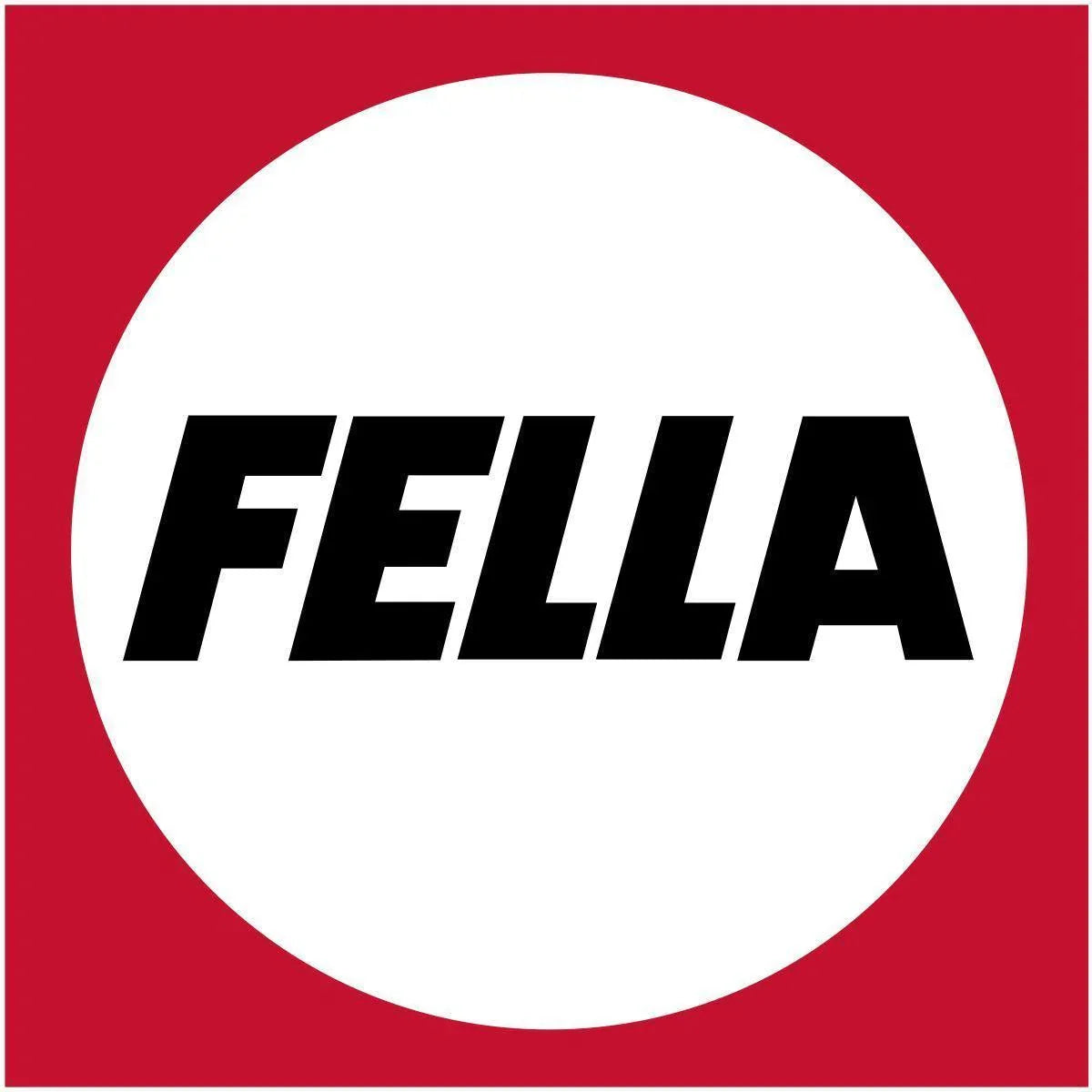 FELLA logo in bold black text on a white circle with a red square background, tractor parts branding