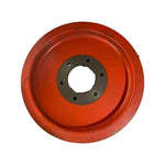Red bevel wheel disc mower part for tractors, showing center mounting holes