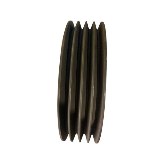 Black bevel gear wheel for disc mower with grooves, tractor machinery part on white background
