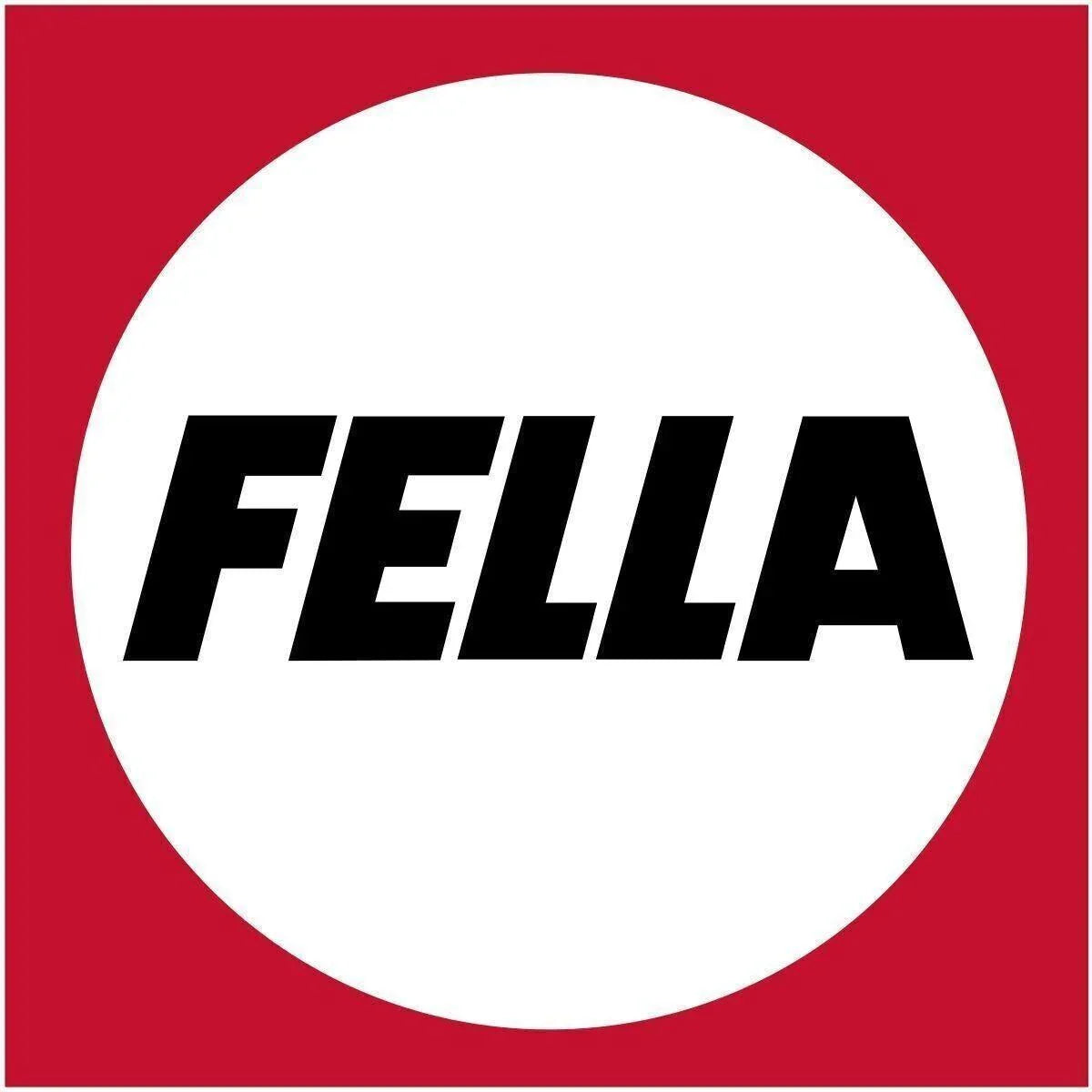FELLA logo in bold black letters inside a white circle with a red square background