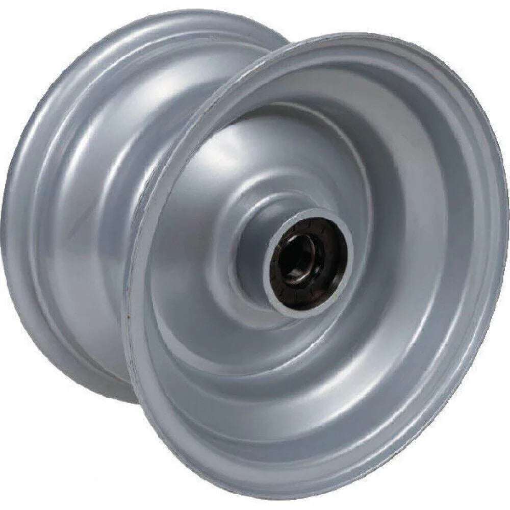 Silver metal tractor rim part with central hub, compatible with various agricultural machinery