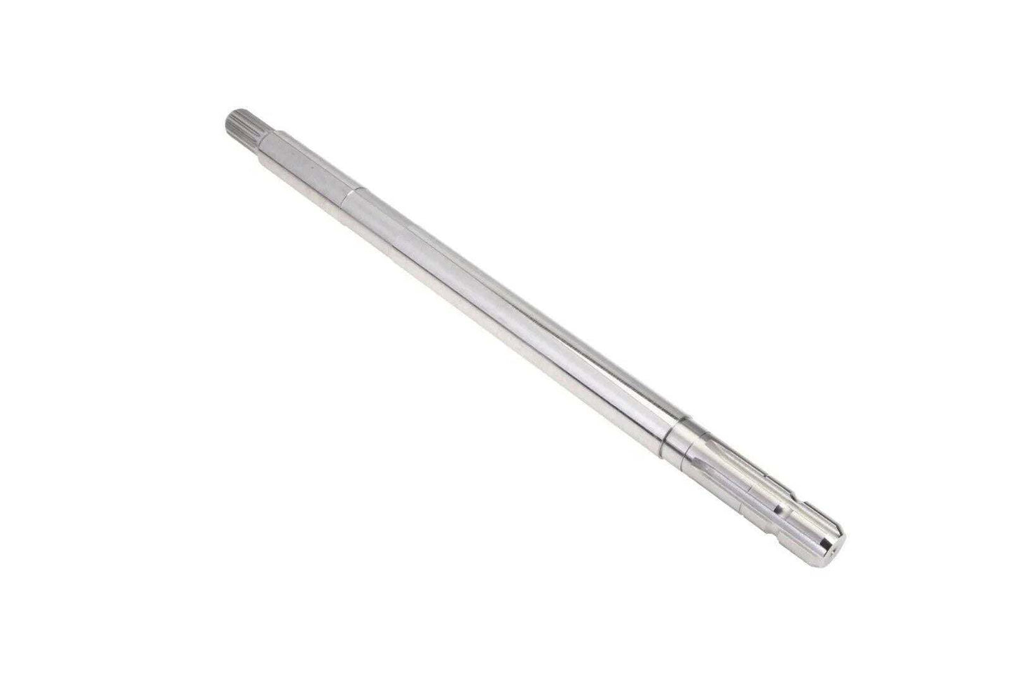 Metal tractor drive shaft bevel gear part with splined ends on white background