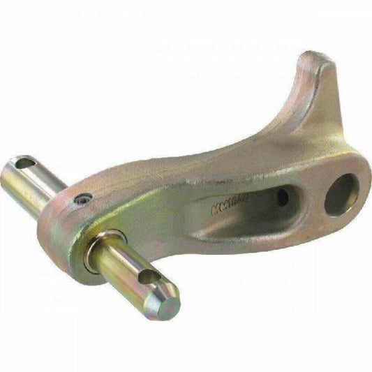 Left hand lower link bolt for tractor, metal component with two hinge pins and hole openings