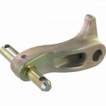 Left hand lower link bolt for tractor, metal component with two hinge pins and hole openings