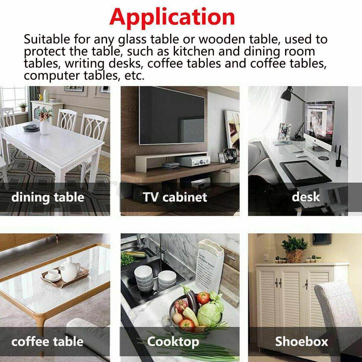 Image showcasing versatile applications of a PVC table cover on various surfaces like dining tables, desks, and coffee tables.