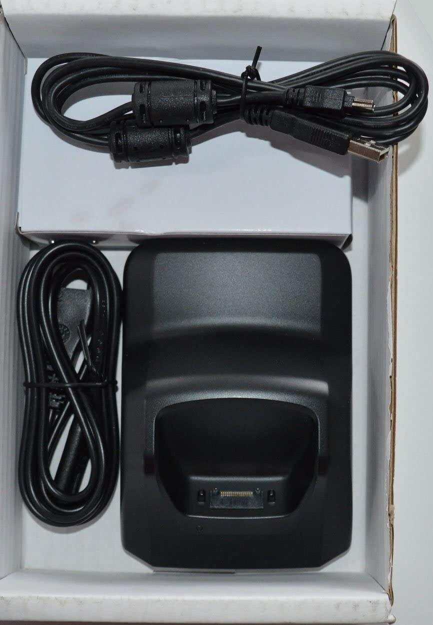 Office phone docking charger with USB cables in packaging, black plastic, brand new