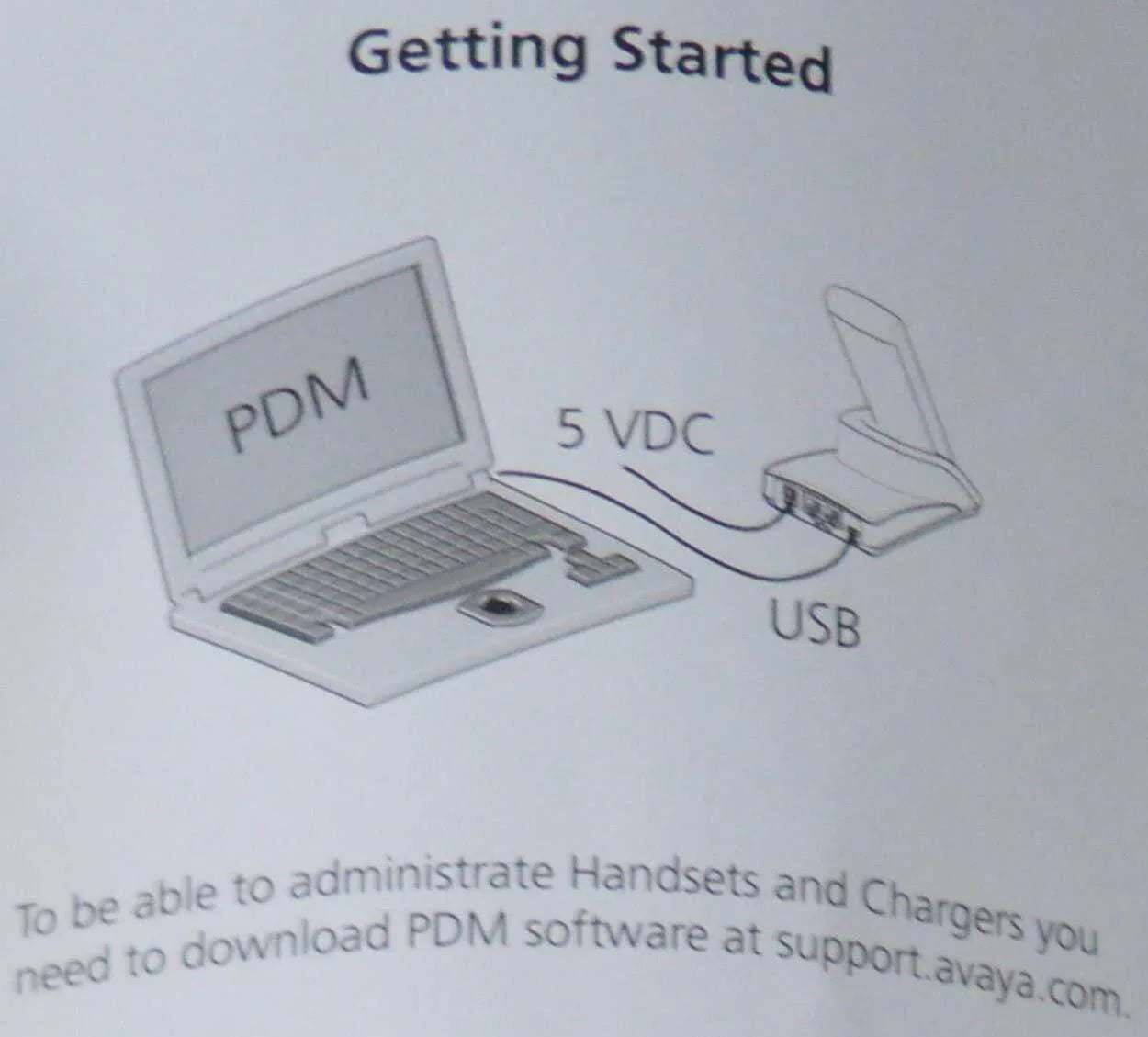 Diagram showing a laptop connected via USB to a charging dock labeled 5 VDC for office phone system setup.