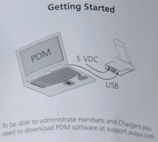 Diagram showing a laptop connected via USB to a charging dock labeled 5 VDC for office phone system setup.
