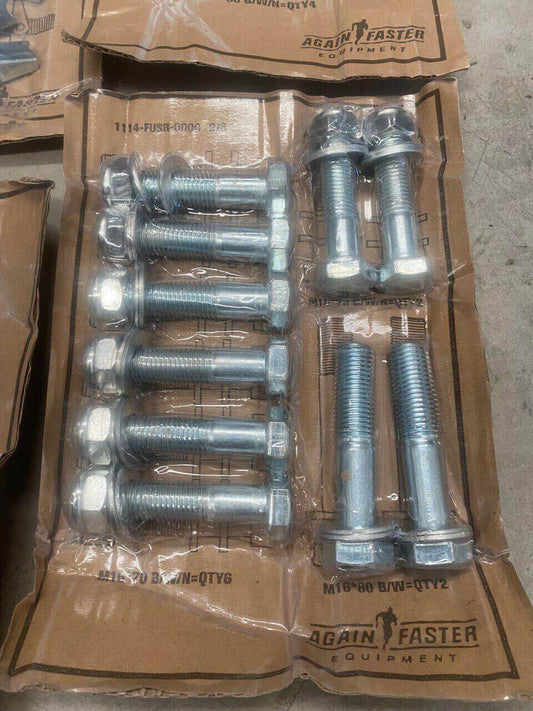 Bulk lot of silver hex head bolts, nuts, and screws in plastic packaging on cardboard backing.