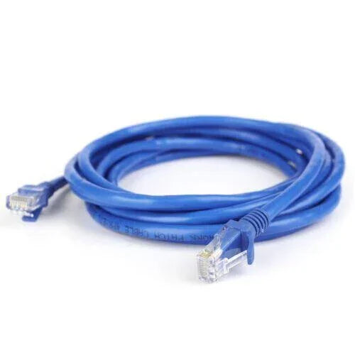 Blue Cat6 UTP Ethernet network LAN cable with RJ45 connectors on a white background