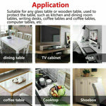 Collage of various applications for PVC table cover: dining table, TV cabinet, desk, coffee table, cooktop, shoebox.
