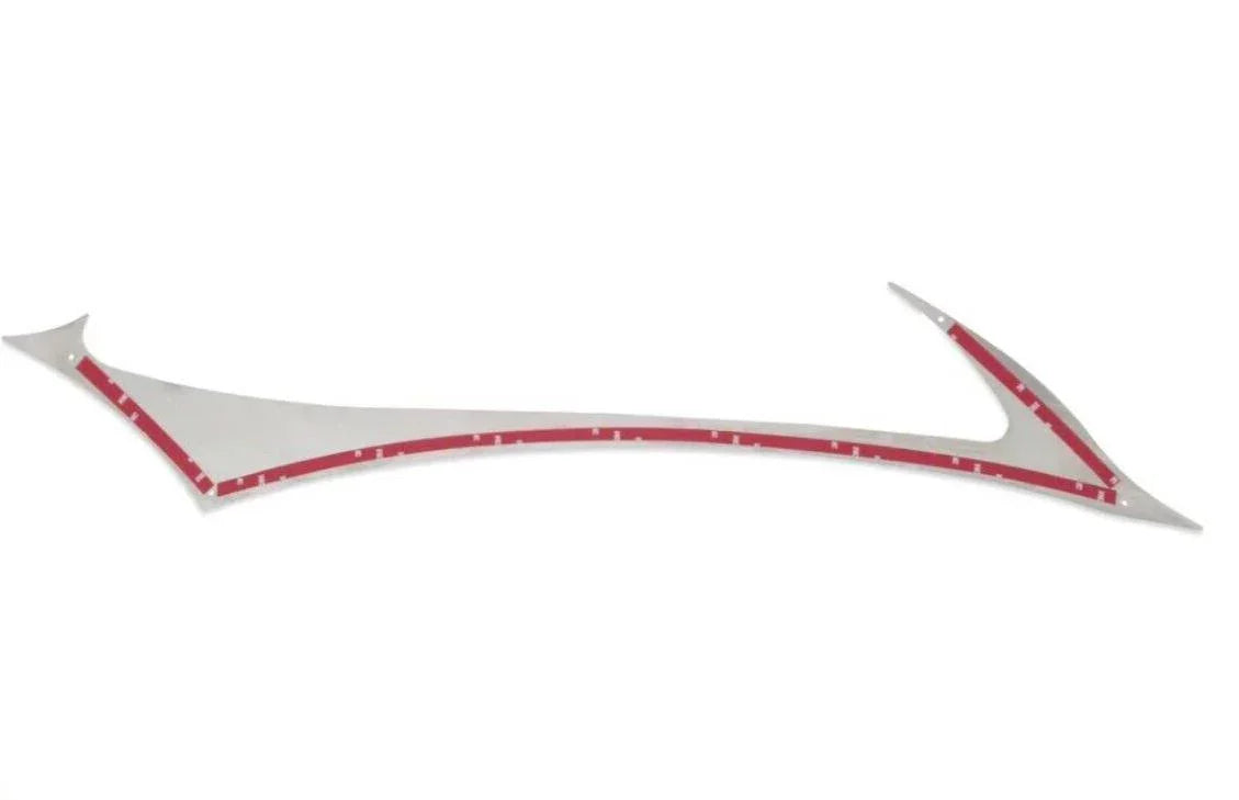 Stainless steel headlight trim accent for International Prostar truck, with red adhesive backing, against a white background.