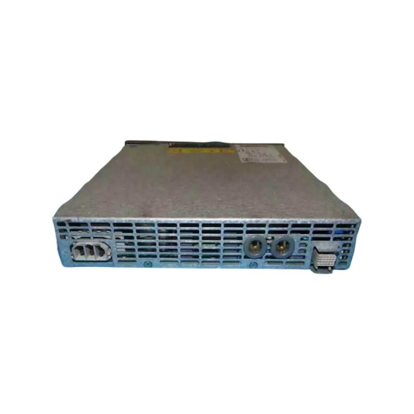 48V power supply module with vents, input, and output connectors, flat metal casing