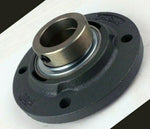Round cast iron flange bearing housing with mounted metal bearing, 4 bolt holes visible
