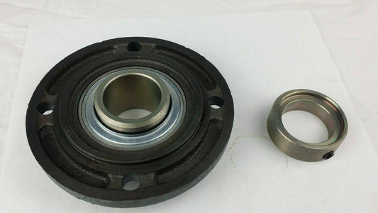 Metal flange bearing housing with separate round collar on white background