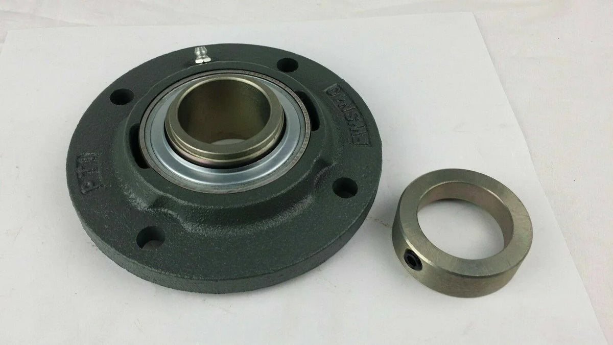 Round flange bearing housing with metal collar, industrial bearing part on white background