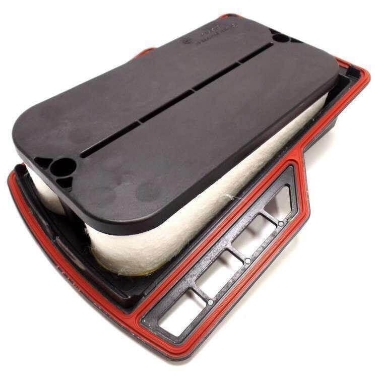 Rectangular crankcase breather element with black plastic cover and red gasket for tractor engine