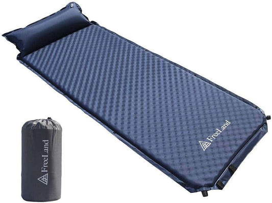 Blue self-inflating camping sleeping pad with attached pillow and carry bag