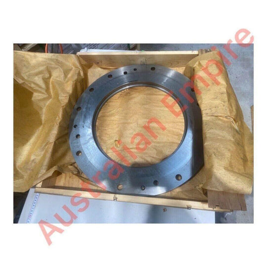 Steel reaction axle plate for tractor, circular with holes, in wooden crate with packing paper