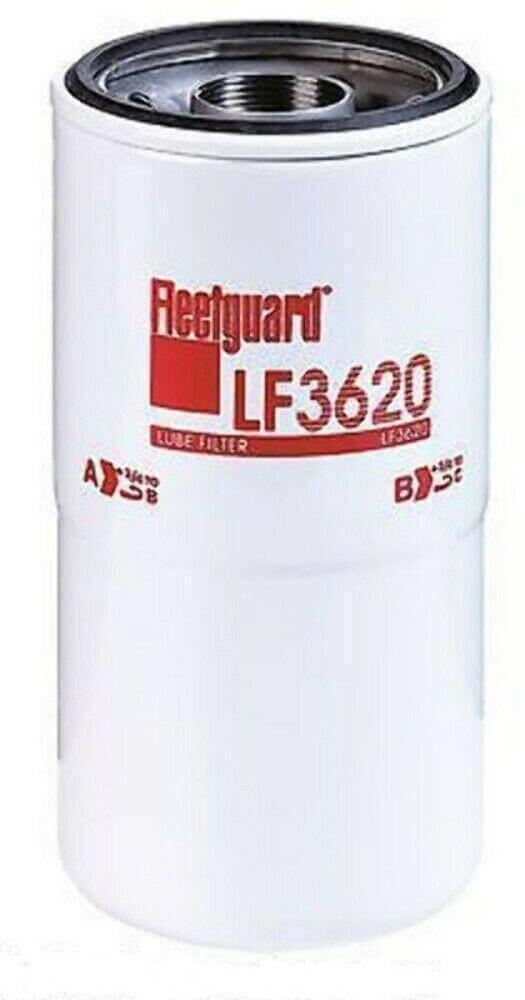 Fleetguard LF3620 oil filter, white cylindrical tractor engine part with red label