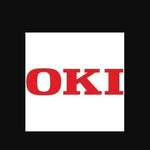 Red OKI logo text on a white square background, office printer accessory branding.