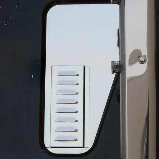 Stainless steel louvered vent cover installed on truck cab mirror