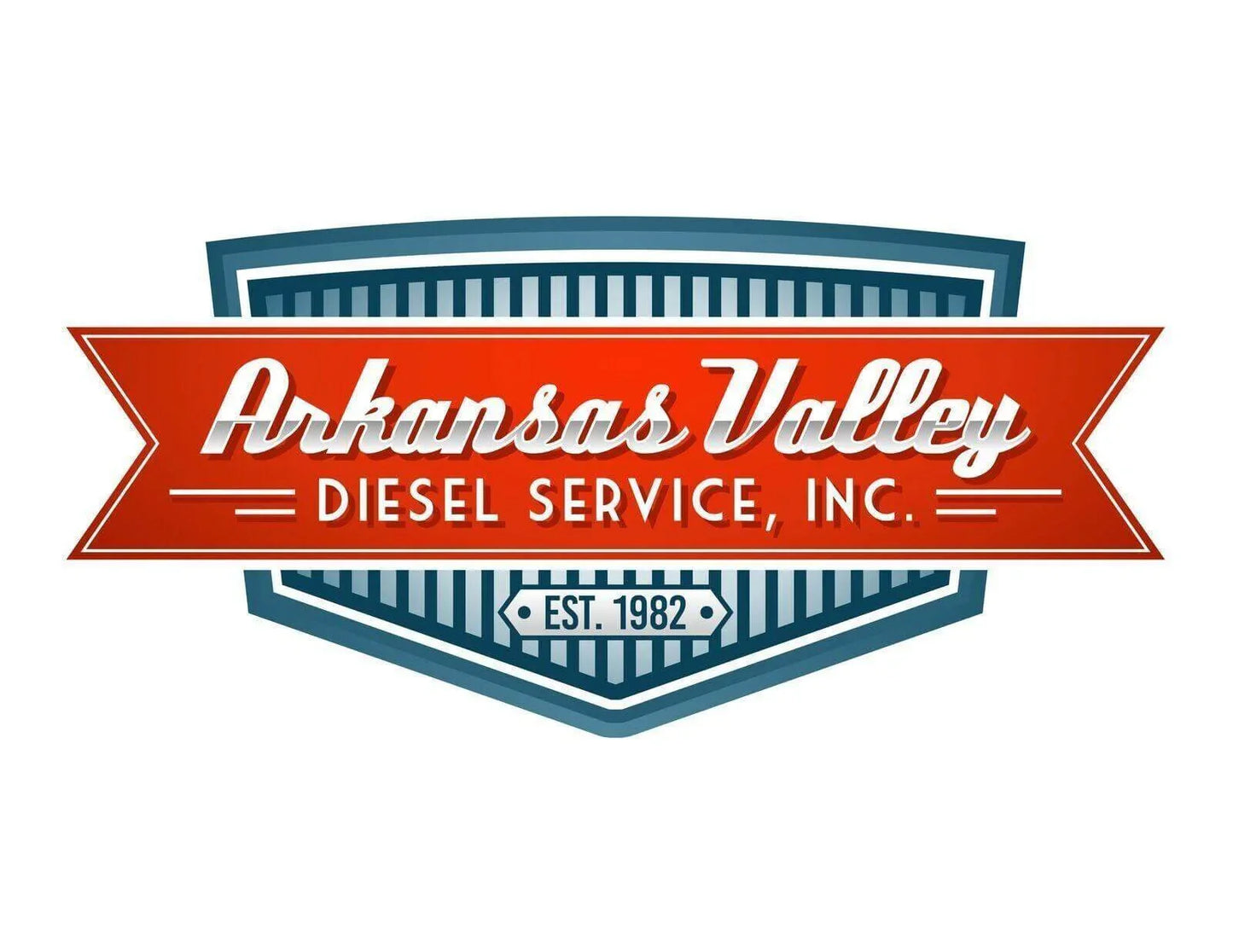 Arkansas Valley Diesel Service Inc. logo with red ribbon and shield, established 1982