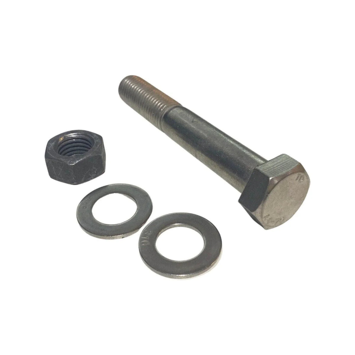 Stainless steel bolt kit with hex bolt, nut, and two flat washers on white background